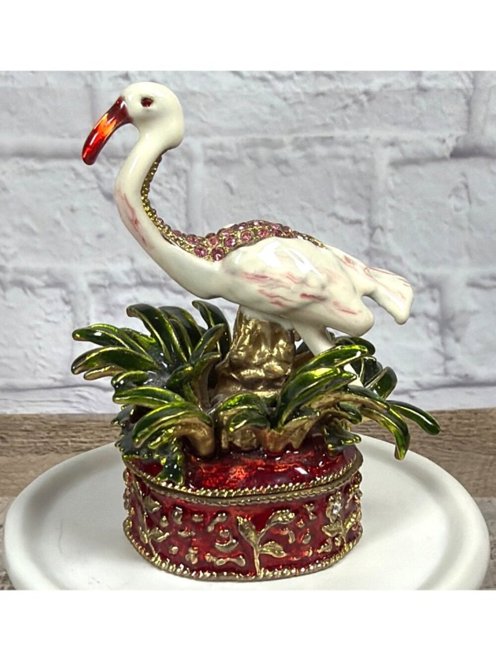 Jewelry Trinket Box Pink Flamingo Hinged Lid Red Rhinestone Bejeweled Enamel